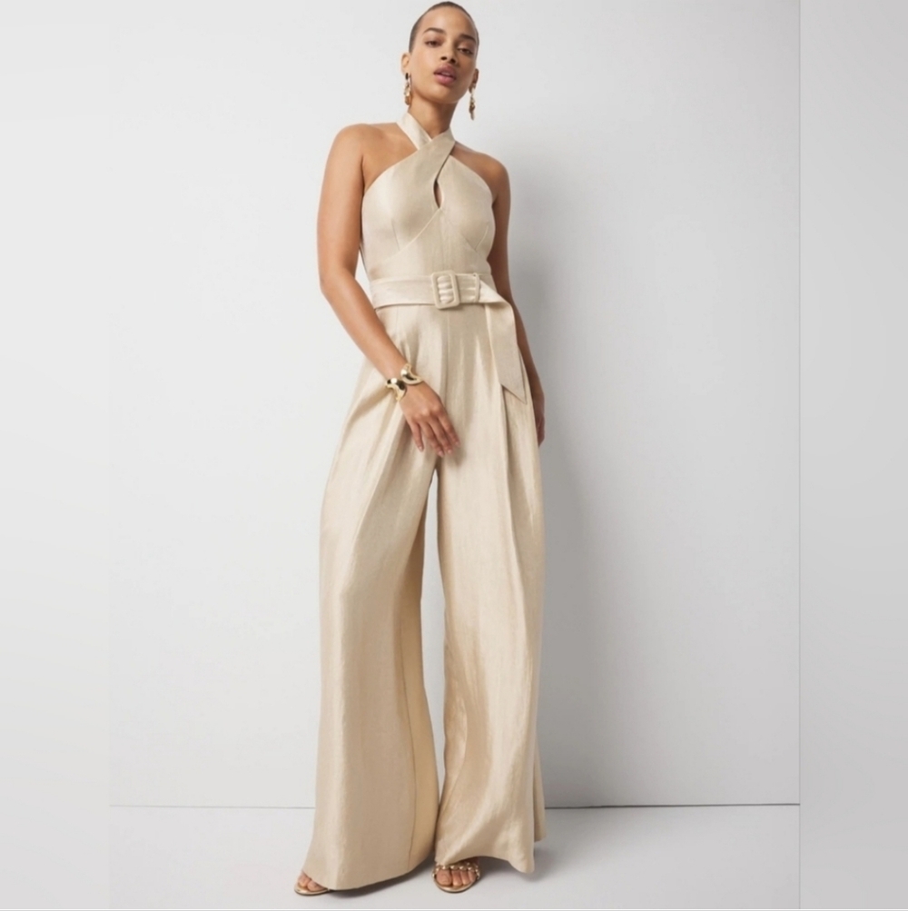 WHBM Champagne Gold Wide Leg Halter Jumpsuit wFront Pockets Cocktail Coquette - Picture 14 of 16